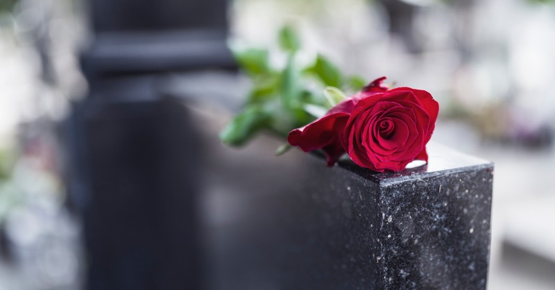 Red rose on top of a tombstone