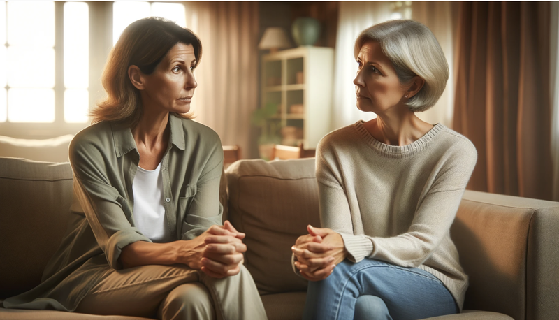 middle-aged women talking to one another, AI